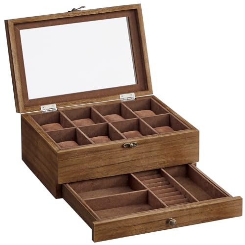 SONGMICS Uhrenbox mit 8 Fächern, Uhrenkasten aus Massivholz, mit Glasdeckel, Uhrenkissen, Schmuckaufbewahrung, Geschenk für Ihre Liebsten, walnussfarben JOW008K01