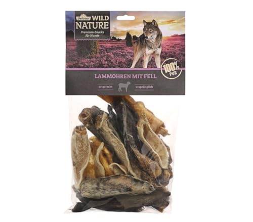 Dehner Wild Nature Hundesnack, Premium Hundeleckerli glutenfrei / getreidefrei, Kausnack für ernährungssensible Hunde, Lammohren mit Fell, 200 g