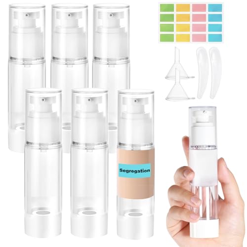 Furuising 6 Stück 50ml Airless Pumpspender, Klein Creme Spender Pumpflasche Leer, Nachfüllbar Cremespender, Vakuum Reiseflaschen zum Befüllen mit Aufkleber, Spatel für Reise Lotionen Shampoo Kosmetik