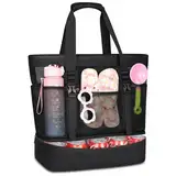 RAINSMORE Strandtasche XXL Familie mit Reißverschluss 42L Badetasche Damen Groß Beach Bag mit Wasserdichter Tasche für Shopper Strand Pool Picknick Fitnessstudio