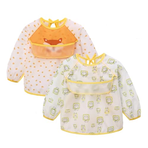 2 Stück Baby Langarmlätzchen Set Wasserdichte Ärmellätzchen mit Auffangschale Abwaschbar Weiche Fütterlätzchen Auslaufsichere Lätzchen für Baby Kleinkinder Jungen Mädchen