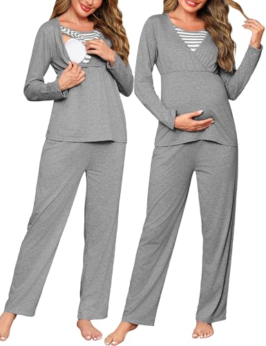 Bresdk Stillpyjama Damen Lang Umstandspyjama Langarm Winter Baumwolle Nachtwäsche Zweiteiliger Schwangerschaft Schlafanzug tillfunktion Umstandsmode für Schwanger