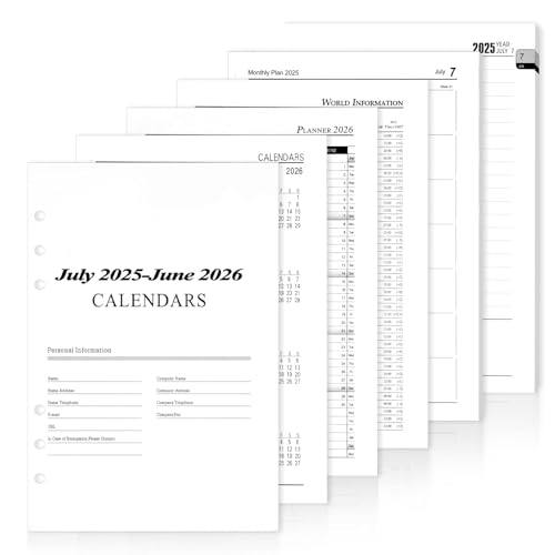 A5 Kalendereinlagen 2025-2026 Jahresmitte, Daily Planner Refills, 6 Löcher 352 Seiten Monatsplaner Wochenplaner Einlage mit Extra Notizen Kontakt for Ringbuch A5 Nachfüllbar(July.2025 - June.2026)