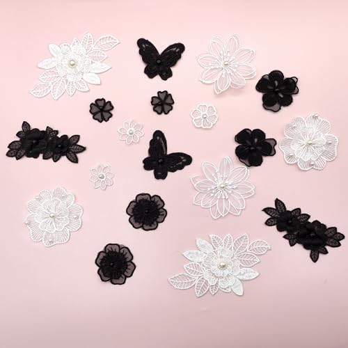 LIANCHEN 20 Pcs Stickerei-Organza-Aufnäher Schwarz Perlen Blumen Applique Spitze Organza Stickerei Applique Blumen Spitzenpatches Stickpatches Organza für Nähen, Kunsthandwerk (Schwarz, weiß)