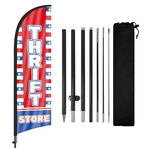 FSFLAG Thrift Store Federflagge mit Fahnenmast-Kit und Erdspieß, 2,5 m Gebrauchtwarenladen, windlose Flagge, Banner, Schild, Geschäft für Außenwerbung