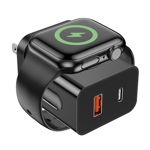 HONOT Apple Watch Ladegerät, 3-in-1-Schnellladegerät, 20 W PD mit magnetischem kabellosem Laden und Dual-Ports, tragbarer USB-C-Wandladeblock, kompatibel mit iPhone, Apple Watch-Serie