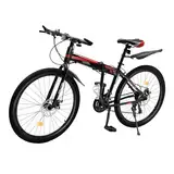 TESUGN 26 Zoll Mountainbike, 21 Gang Citybike Faltbare mit Scheibenbremsen Schutzbleche Federgabel Trekkingrad MTB Herren Damen Jugendliche, Rot