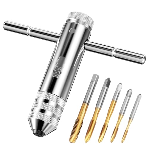Labmilon 5 Stück Gewindeschneider Set Verstellbarer M3/ M4/ M5/ M6/ M8 + 1 Stück T Griff Windeisen Ratsche, Gewindebohrer, Handgewindebohrer Halterschlüssel, Titan-beschichtet Werkzeughalter