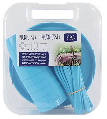 Picknick Set 31 teilig Besteckset Becher Teller Messer Gabel Löffel Transportbox Picknickset Besteck Outdoor (blau)