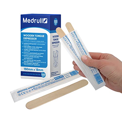 Medrull Holzmundspatel 100 Stück, 1.8cm x 15cm-Einzeln verpackt in Papierbeutel-zum Auftragen von Salben oder Wachsen-für medizinische Zwecke- den Mund- und Rachenraum zu untersuchen