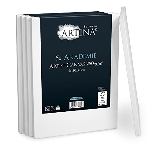 Artina FSC® Keilrahmen 5er Set Akademie 30x40 cm – Leinwand Set Maltuch aus 100% Baumwolle Leinwände 280 g/m² - Keilrahmenset Leinwand zum Bemalen für Acryl-, Aquarell-, Ölfarbe UVM