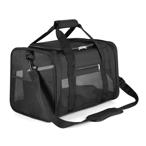 PETTOM Transportbox für Hunde und Katzen 43x28x28 cm, Faltbar, Wasserdicht, mit Schultergurt, Weich Gepolstert, für Reisen im Flugzeug, Auto oder Zug, für Haustiere, Schwarz