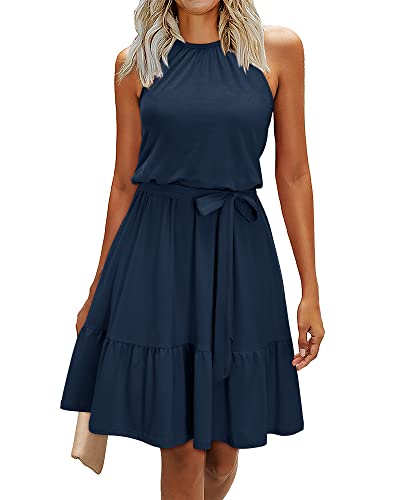 Newshows Sommerkleid Damen Knielang Elegant Kleid Neckholder Sommer Ärmellos Freizeitkleider mit Taschen(Marine, Mittel)