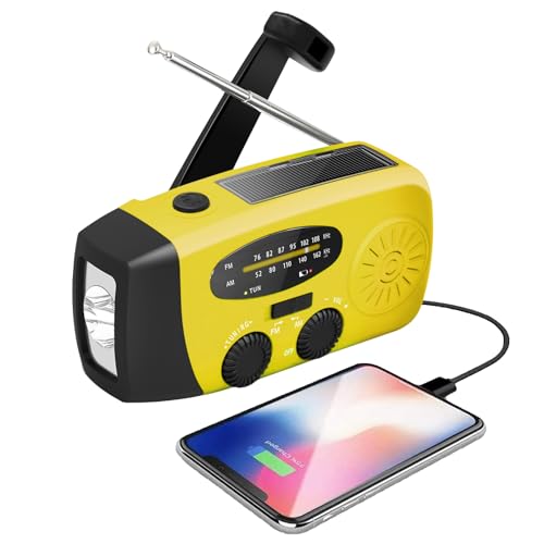 2000 mAh Kurbelradio mit Solar und LED Taschenlampe, Tragbares Notfallradio Mit Handkurbel und USB Anschluss, AM/FM/NOAA & LED Taschenlampe, Tragbares Wetterradio Für Zuhause & Outdoor,Gelb