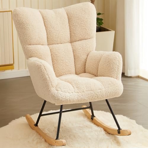 Hawthyhome Schaukelstuhl Relaxstuhl Sessel Stuhl Wohnzimmersessel, Schaukelsessel Gepolsterter Schwingsessel bis 136 kg belastbar Beige Lounge Chair fürs Wohnzimmer Schlafzimmer Balkon