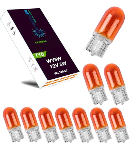 LIGHTWORLD24 10 x WY5W T10 12V 5W 5 Watt Blinker Lampe Sockel 2.1x9.5d Glassockellampe Signallampe AMBER Glühlampe Seitenlinker Blinklicht Gelb ORANGE