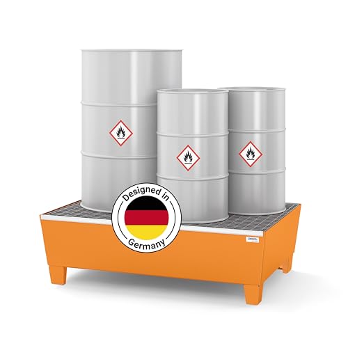 DENIOS® Auffangwanne aus Stahl | mit verzinktem Gitterrost | Stahl | orange | für 2 Fässer à 200 Liter | 205 Liter | 815 x 1236 x 350 mm | Arbeitssicherheit Notfall-Umweltschutz-Produkte