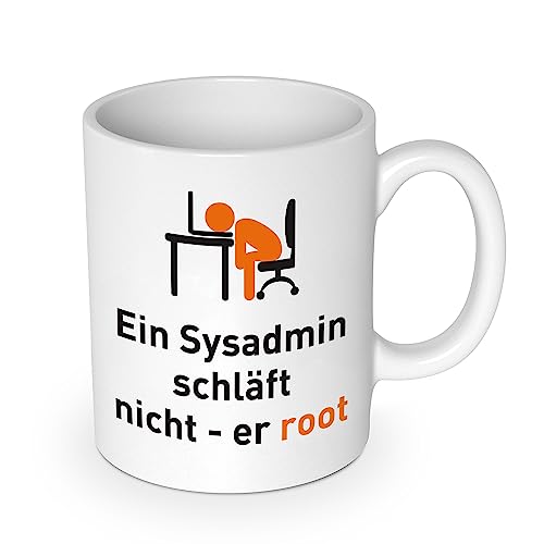 getDigital Ein Sysadmin schläft nicht er root Kaffeebecher - Lustige Büro Tasse Becher für Computer Geeks - Keramik 300 ml