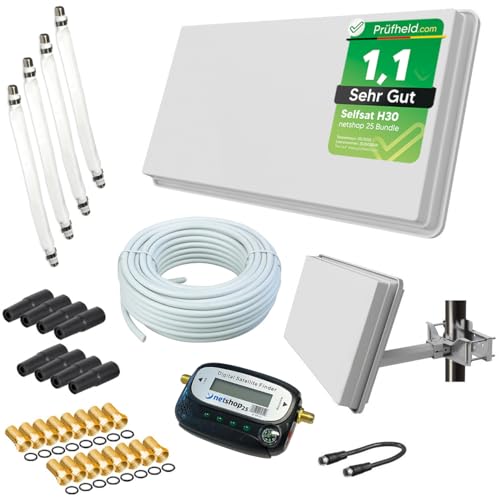Selfsat H30D4+ Sat Flachantenne Quad mit Fensterhalterung + Sat-Finder + 50m Kabel + netshop 25 Anschluss Set (HD Sat Anlage für 4 Teilnehmer)