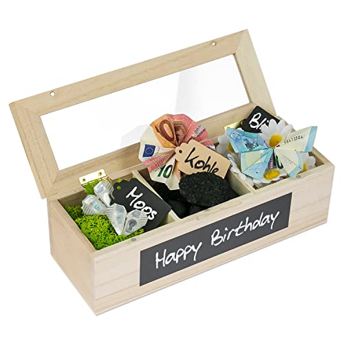 SURPRISA Schotter Schatulle 3er - kreative Verpackung für Geldgeschenke und persönliche Geschenkbox zum Geburtstag oder zur Hochzeit - Paulownienholz