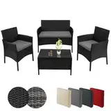 BB Sport Poly Rattan Sitzgruppe 4 Personen Tisch 2 Stühle Sitzbank 5cm Dicke Sitzpolster Balkonmöbel Set Sitzgarnitur Balkon Terrasse Garten Outdoor, Farbe:Titan-Schwarz/Kieselstrand