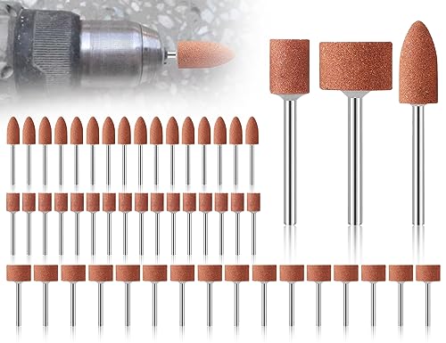 KAPSING 48 Stück Korund Schleifspitze Set, 3mm Schaft Schleifdorn Montiert, Schleifhülse Satz zubehoer für Dremel schleifaufsätze, Stein Schleifen Polierkopf