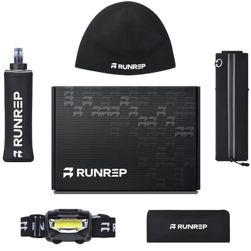 RunRep Lauf-Geschenkbox für Läufer - Inklusive Laufgürtel, Hut, Wasserflasche, Stirnband & Lauflicht - Perfekte Marathon, Halbmarathon & Fitness-Geschenke für Männer & Frauen, Schwarz , Schwarz