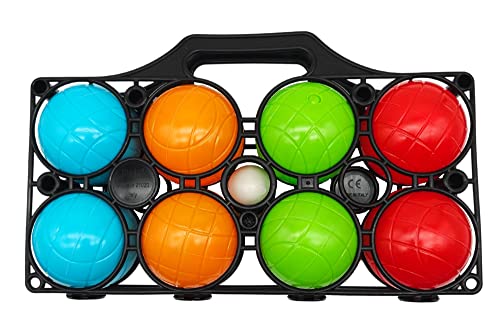 alldoro 60044 Boccia Spielset für Kinder, 9 tlg – Kunststoff – 8 Kugeln in 4 Farben + Zielkugel und Koffer – für draußen