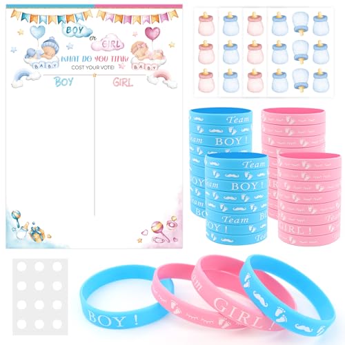 MXTIMWAN Gender Reveal Party Deko Geschlecht Verkünden, Enthüllung Party Baby Deko 1 STK Abstimmung Poster 36 Pcs Stickers 40 Pcs Team Girl or Boy Armbänder für Baby Shower, Babyparty