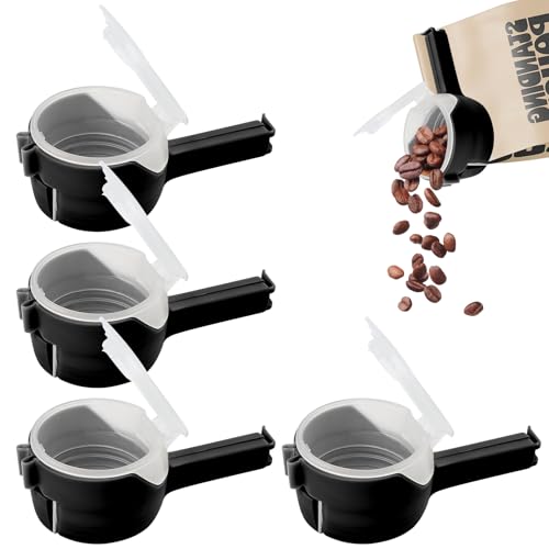 4 Stück Verschlussclips mit Ausschütter Clips für Tüten Beutelclips Snackspender für Verpackung zum Verschließen von Snacks Trockenwaren Fleisch Gemüse (Schwarz)