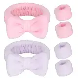 Spa Gesicht Stirnband 6 Stück,Bowknot Make Up Haarband,Elastisch Handgelenk Waschband,Flauschiges Beauty Haarband für Frauen Gesichtswaschen Dusche Sport