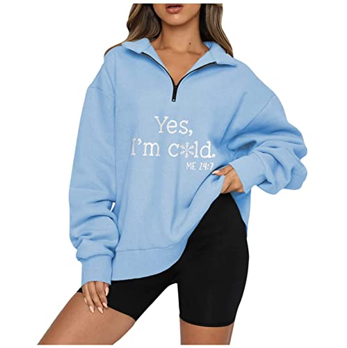 Pullover Women Gummizug Loose Pullover Zip Rundhals Arbeits Kurzer Schöne Hemdbluse Damens Langärmlige Dicke Wintern Grafisches Blau