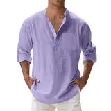 Freizeit Herrenhemd Leinen für Übergang Herren Frühlings Herbstsaison Langarm Leicht Luftig Bügelfrei Slim Fit Bequemes Hemd Sommer Stehkragen Leinenhemd Baumwolle Casual Men Shirts (1B-Purple, XXXL)