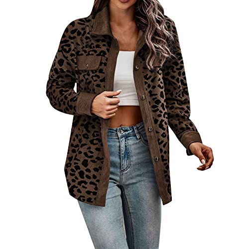 Generisch Damenbekleidung Damen Button-Down-Hemden mit Langen Ärmeln, übergroße Cordhemden mit Leopardenmuster, Lange Ärmel, Jacken, Mäntel mit Taschen Damen Mantel Hochzeit (Brown, M)