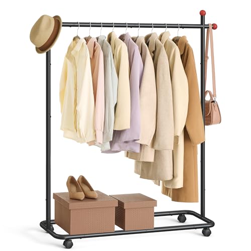 SONGMICS HOME Kleiderständer auf Rollen, Garderobenständer, 1 Kleiderstange, Haken in Streichholz-Form, stabil, Schlafzimmer, Flur, tintenschwarz HSR170B01