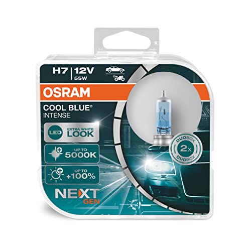 Osram Cool Blue Intense H7, mit 100 Prozent mehr Helligkeit, bis zu 5.000K, Halogen-Scheinwerferlampe, LED-Look, Duo Box (2 Lampen), Fahrzeugspezifische Passform, Blue, Duo Box