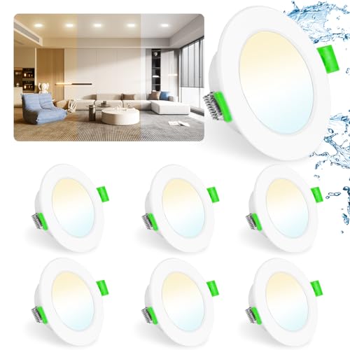 Bzavor LED Einbaustrahler 230v Dimmbar, 6er LED Spots 5W Spots Deckenleuchte LED, 3000K-6000K IP44 LED Spots Badezimmer Warmweiß Neutralweiß Kaltweiß LED Einbaustrahler 68mm für Badezimmer Wohnzimmer