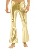 YiZYiF Herren Metallic Hose Glänzend Leder Schlaghose Slim fit 70er Jahre Retro Hippie Hose Disco Tanz Party Karneval Fasching Outfit Gold M