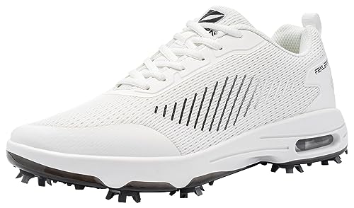 Fenlern Herren Golfschuhe Mesh Atmungsaktive Leichte Golf Sport Luftgepolsterte Schuhe Mit 9 Golf Spikes (Weiß, 44.5)