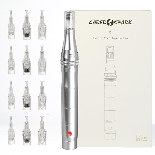 CARER SPARK Auto Dermapen Elektrisch Microneedling Pen für Anti Aging Skin Device 0.25mm-2.0mm mit 5 Geschwindigkeitsstufen für Faltenentfernung Falten Stretch Marks (Inkl. 12 Nadeln Patronen)