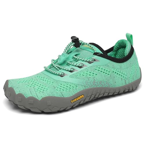 SAGUARO Kinder Barfußschuhe Traillaufschuhe Jungen Mädchen Trainingsschuhe Zehenschuhe Atmungsaktiv rutschfest Walkingschuhe Laufschuhe Schnell Trocknend Badeschuhe, Grün 25 EU