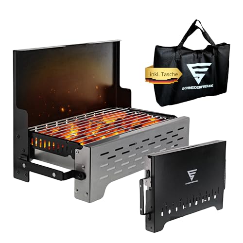 SCHNEIDERFREUDE Premium Camping-Grill: Der Klappgrill mit Tasche für echte Grillfans - Designed und geprüft in Deutschland für das ultimative Outdoor-Erlebnis, Holzkohlegrill, BBQ-Grill, Tischgrill