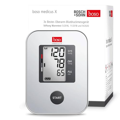 boso medicus X - Bestes Oberarm-Blutdruckmessgerät Stiftung Warentest 5/2016, 11/2018 und 9/2020 mit Einknopfbedienung, großem Display und Arrhythmie-Erkennung – Mit Standard-Manschette (22-32cm)