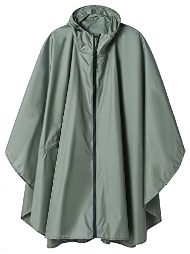 Regen Poncho Jacke Mantel für Erwachsene mit Kapuze wasserdicht mit Reißverschluss im Freien, Grasgrün