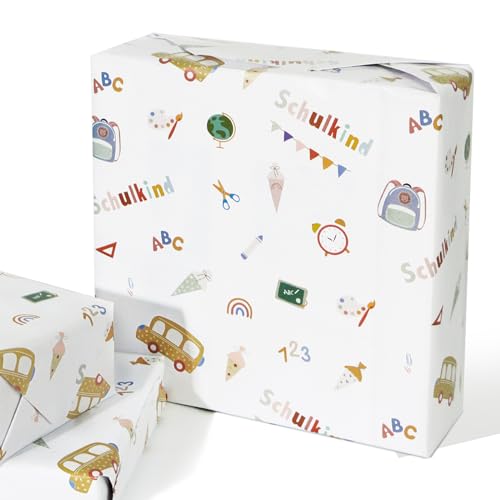 4 Blatt 50x70cm Geschenkpapier Schulkind Einschulung Geschenkverpackung Schulanfang Glückwunsch für Schuleinführung Schulbeginn Schulstart Party Papier Geschenke Wrapping Paper (Weiß)