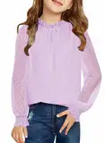 Arshiner Mädchen Langarmshirt Chiffon Kinder Tunika Punkt Faltiger Kragen Oberteile Freizeit Locker Longsleeve Herbst Winter Niedlich Shirt für Mädchen 11-12 Jahre Lila