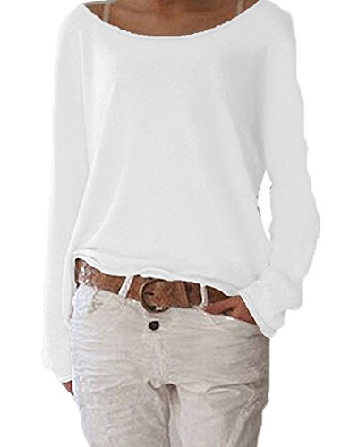 ZIOOER Damen Pulli Langarm T-Shirt Rundhals Ausschnitt Lose Bluse Langarmshirts Hemd Pullover Sweatshirt Oberteil Tops Shirts B Weiß XL