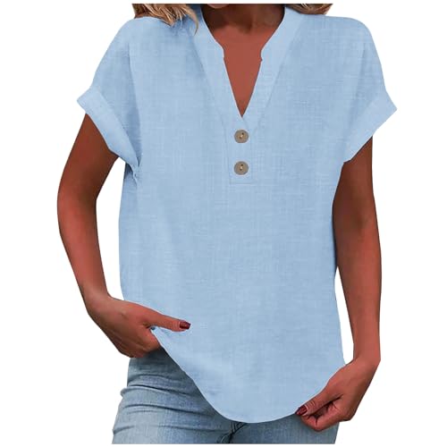 KOG Damen Tshirt Freizeit Leinen Kleidung Lose Kurzarm Tuniken Teenager Mädchen Bekleidung Casual Leinenhemd Tee Shirt Outlet Amazon Frau Rundhals Große Größen Oberteil Outlet Angebote Himmelblau M