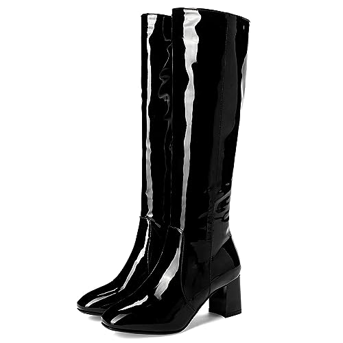 Makmeoyw Black Knee Höhe Stiefel 70s GoGo Stiefel Runde Zehen Disco Stiefel Block Heels Prom Plateau Stiefel Lack Side Zipper Höhe Stiefel Size 9