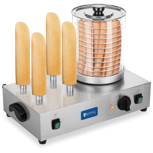 Royal Catering Hot Dog Maschine Gastro Hot-Dog Maker Professionell RCHW 2300 (Leistung 1100 Watt, Temperatur 0-95 °C, Zylinderhöhe 24 cm, Zylinderdurchmesser 20 cm, 4 Toaststangen)